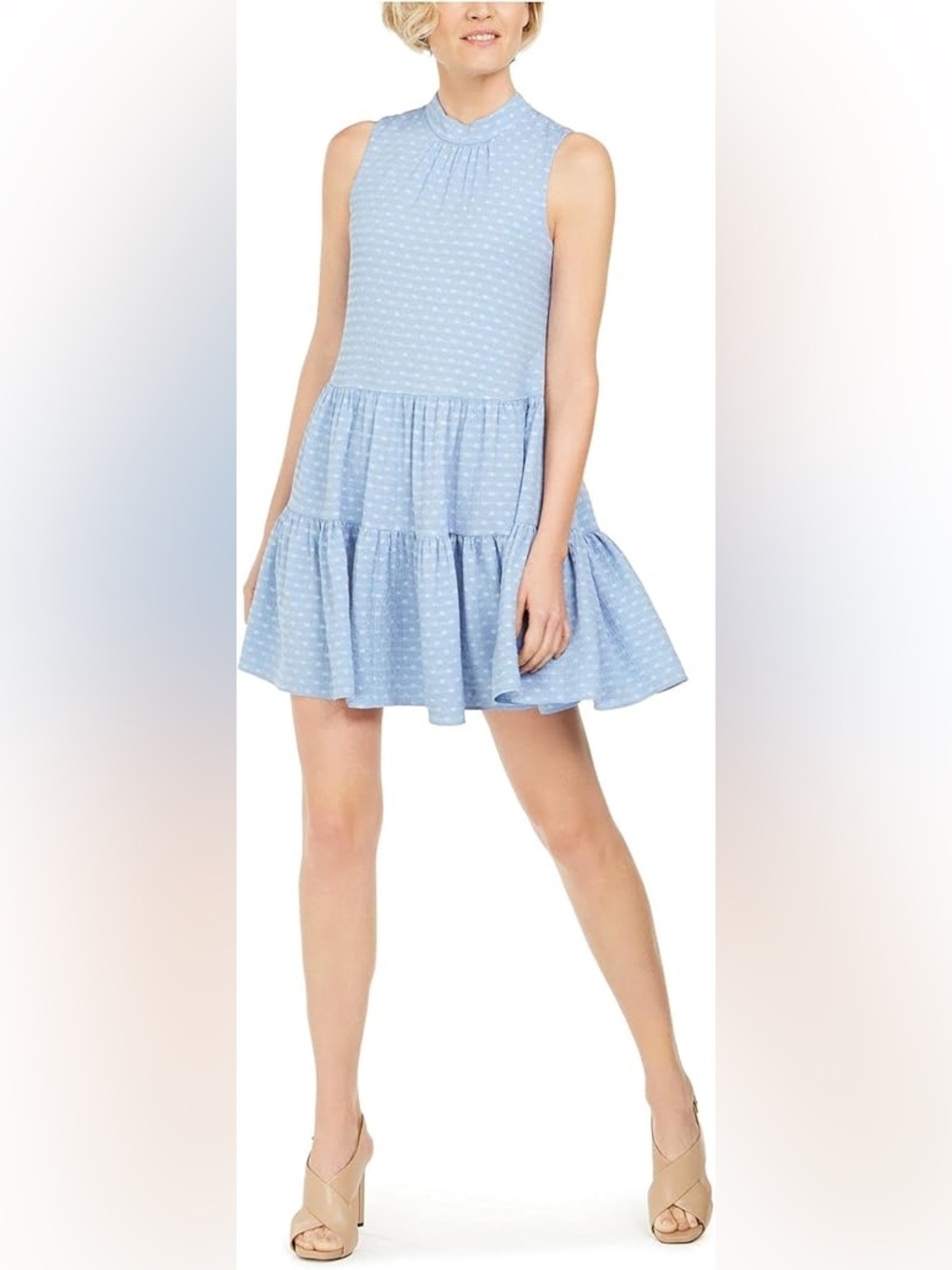 Calvin Klein Women’s Textured Blue Chambray Tie-Neck Sleeveless Dress, Size 10